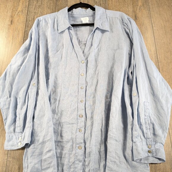 Sigrid Olsen Top Womens 2X Blue 100% Linen Button Up Roll Tab Sleeve Preppy - Picture 1 of 10